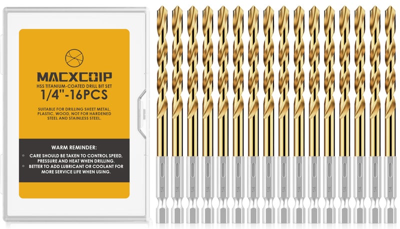 MACXCOIP Hex Shank Drill Bit Set, 16Pcs 1/4HSS Titanium Twist Drill Bit for Sheet Metal, Wood, Plastic, Quick Change Design - Image 1
